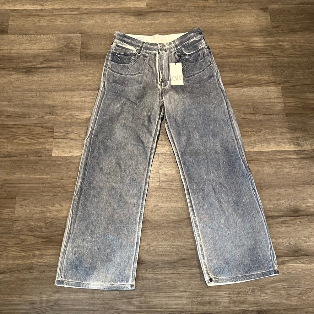 Zara Trompe L'Oeil Printed Denim Optical Illusion Wide Leg Jeans Size 10 NWT